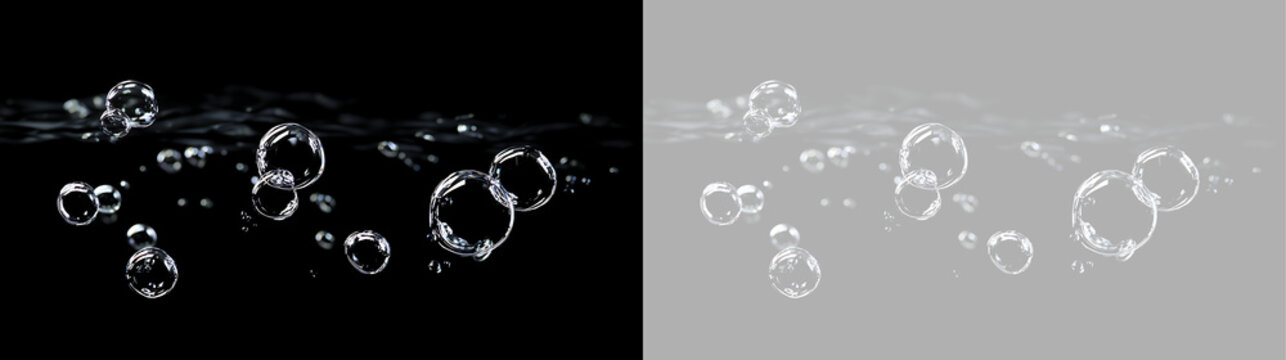Clusters of water bubbles rising from dark surface. Isolated transparent design element on black and checkerboard background