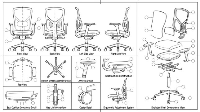 Comprehensive technical drawing vector set of an ergonomic office chair featuring multiple orthographic views, component callouts, exploded assembly diagrams