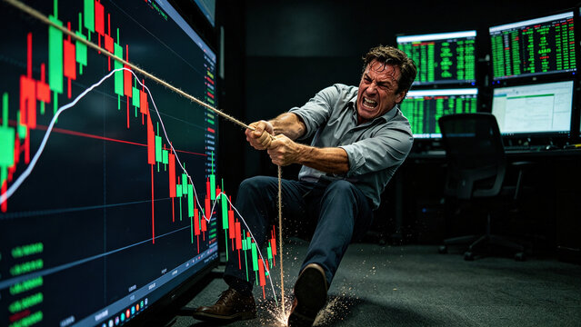 In the dim trading room, a heavily stressed trader struggles to pull a rope tied to a plummeting candlestick chart.