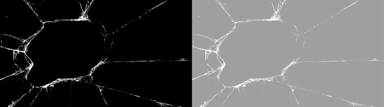 Broken glass texture overlay with central impact hole. Shattered window cracks on black and transparent background