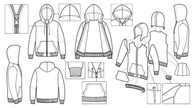 Complete apparel technical flat sketch vector of a full zip hoodie featuring front back side views open hood construction pocket assembly cuff ribbing zipper mechanism and component breakdown 