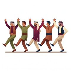 Obraz premium Group of diverse friends performing traditional Middle Eastern Dabke dance. Joyful multicultural team celebrating unity with synchronized folk step...