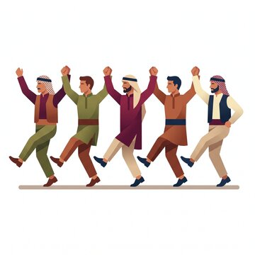 Group of diverse friends performing traditional Middle Eastern Dabke dance. Joyful multicultural team celebrating unity with synchronized folk step...