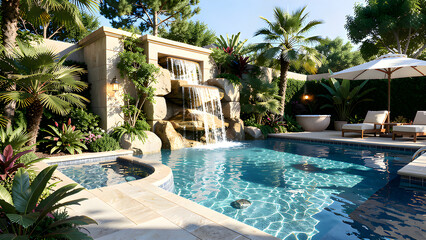 Fototapeta premium swimming pool with palm trees and waterfall