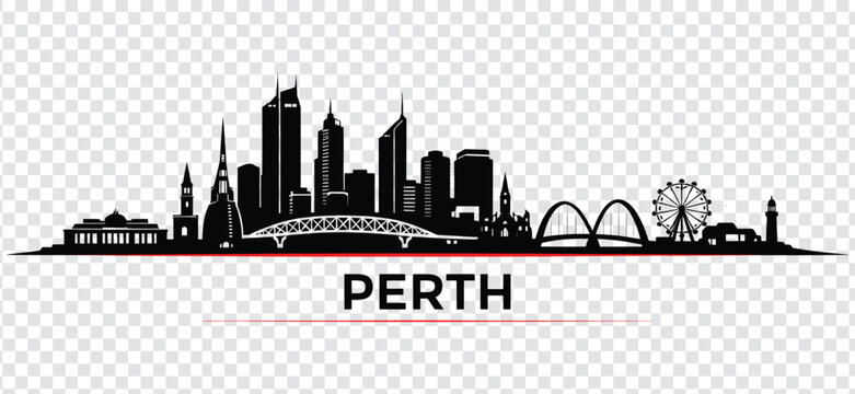 Perth skyline silhouette with ferris wheel and lighthouse