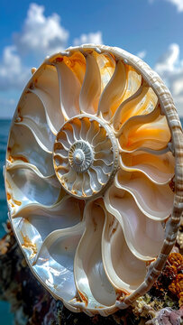 Close Up of Large Nautilus Shell on Ocean Cliff with Bright Sky