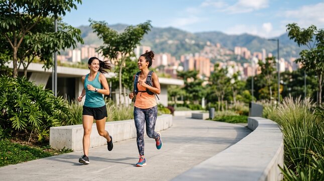 Two Women Jogging Together in Urban Park with City View