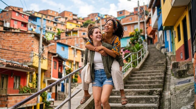 Two Young Women Enjoying Urban Neighborhood Steps