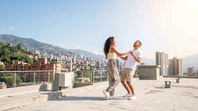 Couple Dancing on Rooftop with City Valley View