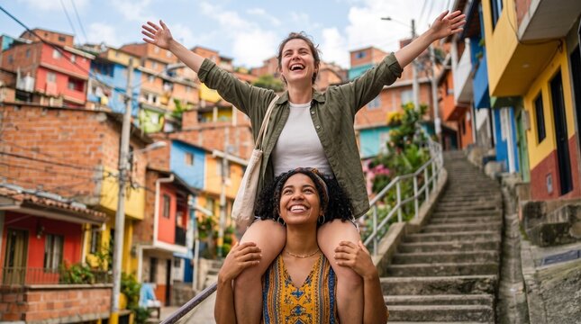 Two Women Celebrating in Colorful Medellin Neighborhood Street