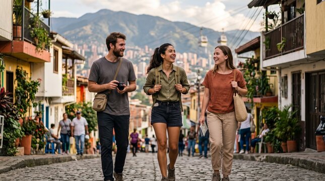 Tourists Walking Through Colorful Street with Mountain View