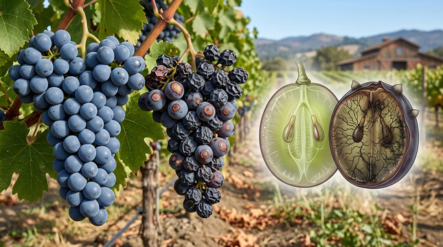 Grape clusters showing healthy produce and withered fruit are displayed alongside a scientific diagram of internal berry structure.