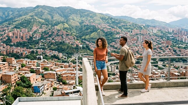 Young Adults Enjoying City View Overlooking Medellin Valley