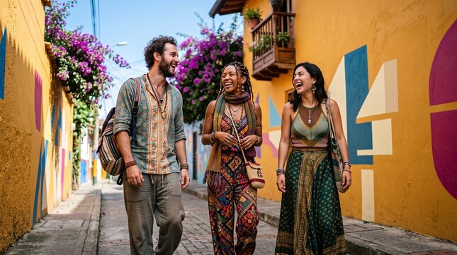 Diverse Friends Walking Through Colorful Colonial Street