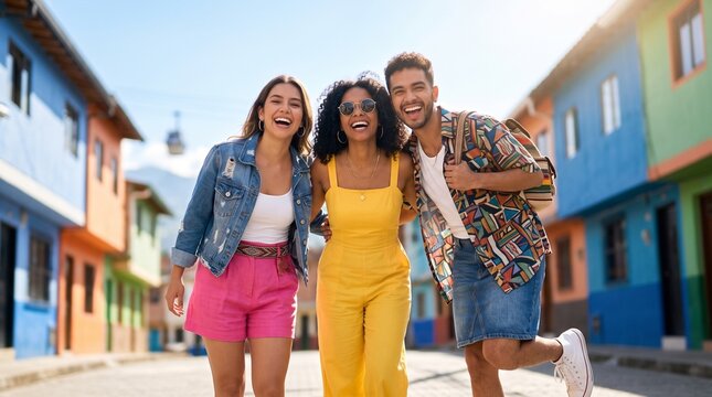 Three Friends Laughing Together on Colorful Street