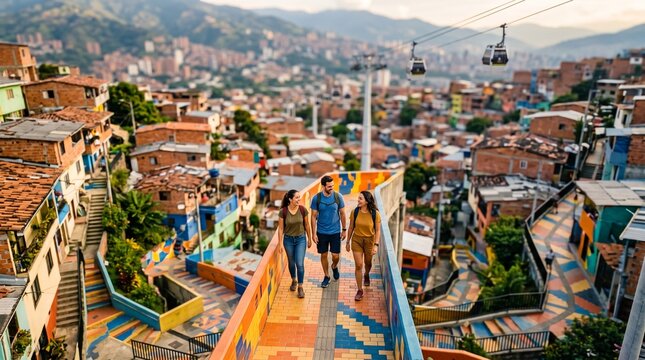Tourists Walking on Colorful Staircase Overlooking Medellin City