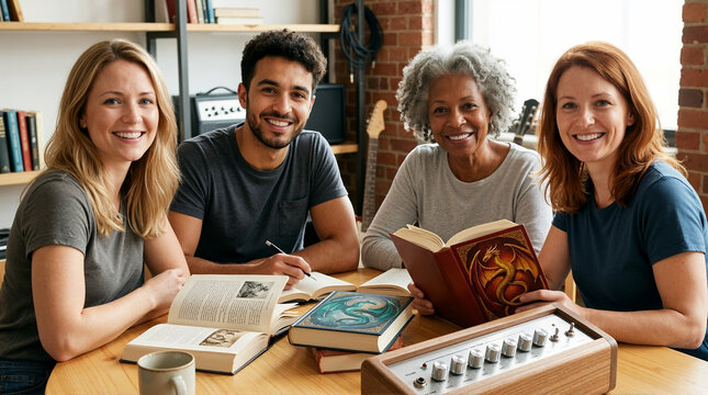 Diverse group of happy readers at a book club meeting. Friends discussing literature and fantasy books around a wooden table. Education and community concept