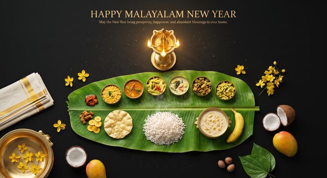 Traditional malayalam new year vishu sadhya feast served on a banana leaf with a lit brass oil lamp, yellow cassia flowers, and tropical fruits on a dark background