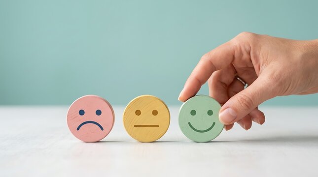 Hand choosing happy emoji token. Mental health assessment with emotional mood icons.