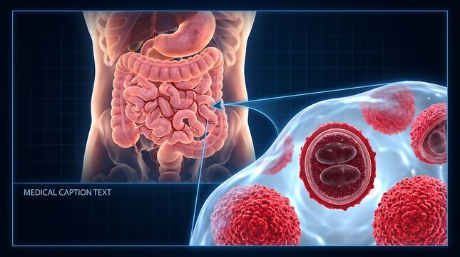Human Digestive System Infested with Cyclospora Oocysts Medical Diagram Showing Intestinal Parasitic Infection Pathway for Gastroenterology, Clinical Education and Health Editorial Use