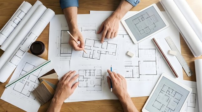 Architects collaborating on building blueprints and floor plans on office desk.