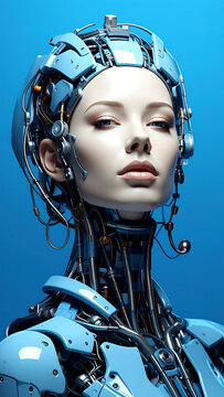 Futuristic Humanoid Robot Head with Blue Hydraulic Suit and Cybernetic Helmet