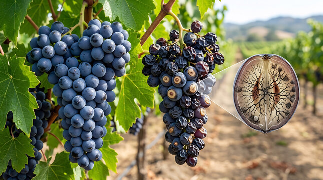 Grapes affected by rot hang beside healthy clusters on a vine while a digital cross-section diagram highlights the internal cell damage.