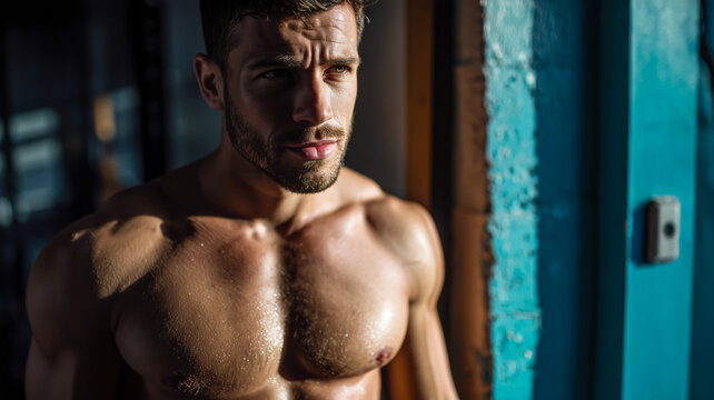 Sweaty Warrior, Intense Gaze, Gyms Harsh Light