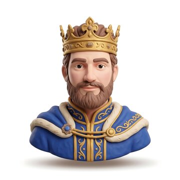 3D stylized king character bust wearing gold crown and blue royal robe isolated on white