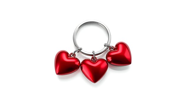 Metallic key ring with three shiny red heart‑shaped charms evenly spaced, symmetrical design against plain background, transparent background emphasizing love symbolism and decorative functionality