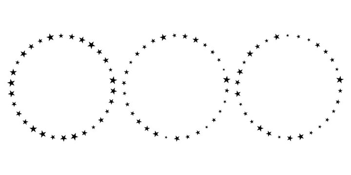 Three Interlocking Star Circle Frames Isolated on White Background, Decorative Celestial Border Design