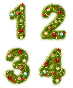 Festive christmas numbers one through four decorated with evergreen branches and ornaments on a white background
