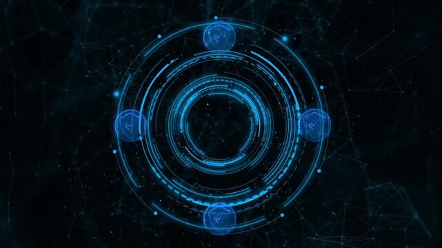 Cyber protection interface visual with glowing blue rings, shield checks, and dark connected nodes. Perfect for security videos, verification screens, privacy titles, and overlays.