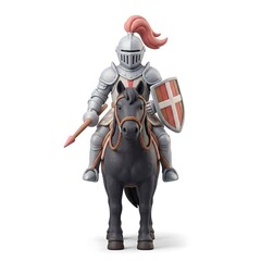 Fototapeta premium Stylized 3D miniature medieval knight in silver armor riding black horse isolated on white background