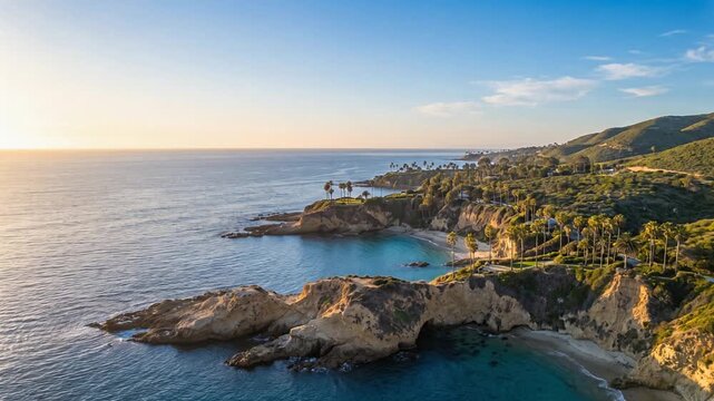 太陽が水平線近くに輝くカリフォルニア海岸線と緑の丘陵地帯を遠望する空撮パノラマ映像
