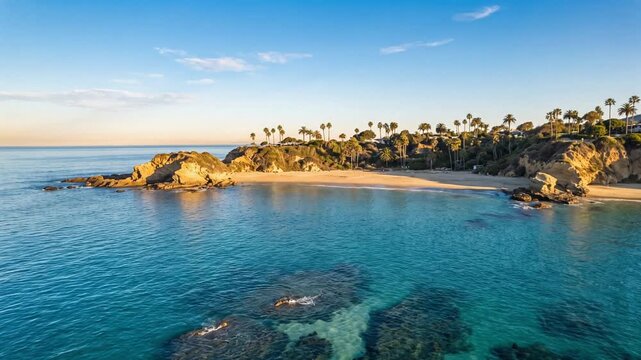 岩礁が透ける入り江とヤシ茂る岬を見下ろすカリフォルニア海岸の空撮映像