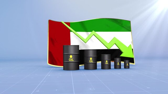 United Arab Emirates Oil Price Falling with Oil Barrels Downward Green Arrow and 3D Financial Data Visualization Graphs for Economy and Business Concept