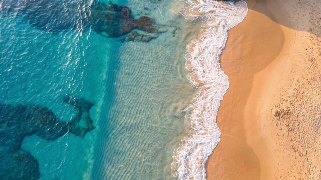 透明な波打ち際と砂紋の浮かぶ渚を真上からとらえたカリフォルニア海岸の空撮クローズアップ