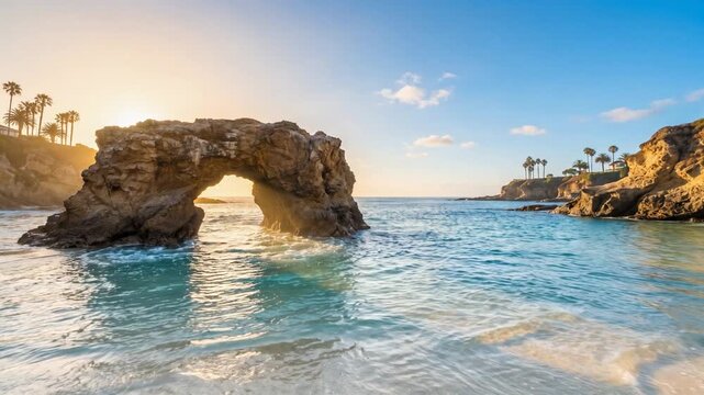 岩のアーチを通り抜ける柔らかな逆光と波が寄せる渚をとらえたカリフォルニア海岸の一場面