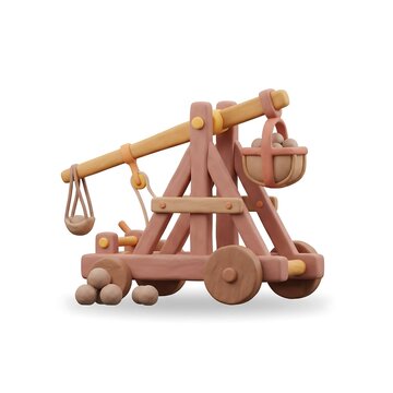 3D stylized clay model of a medieval wooden catapult siege engine isolated on white background