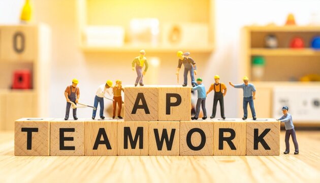Miniature Workers Building the Word TEAMWORK Representing Collaboration, Effort, and Collective Achievement in a Creative Work Environment