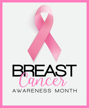 Pink ribbon with breast cancer awareness text on a white background