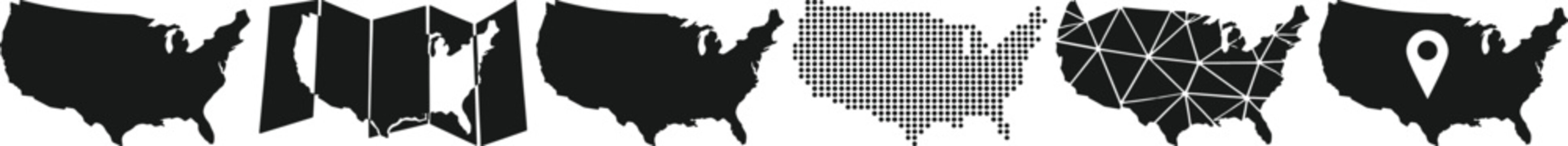 Diverse collection of United States maps showcasing various artistic representations from simple silhouettes to pixelated and geometric designs ideal for geographical and thematic content creation