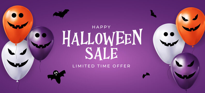 Halloween sale banner with jackolantern balloons and bats on purple background