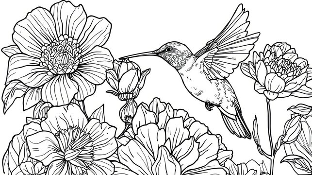 Hummingbird flying near beautiful blooming peony flowers line art
