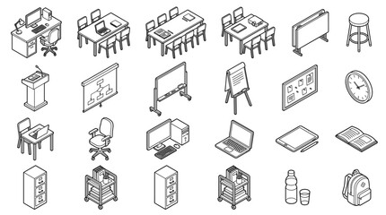 Fototapeta premium Isometric Office and Classroom Furniture Line Icon Set