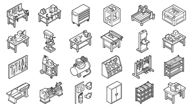Isometric Workshop Equipment Line Art Icons