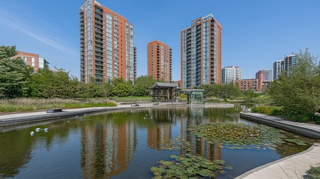 Modern high-rise residential buildings reflected in a tranquil pond with water lilies and a gazebo.