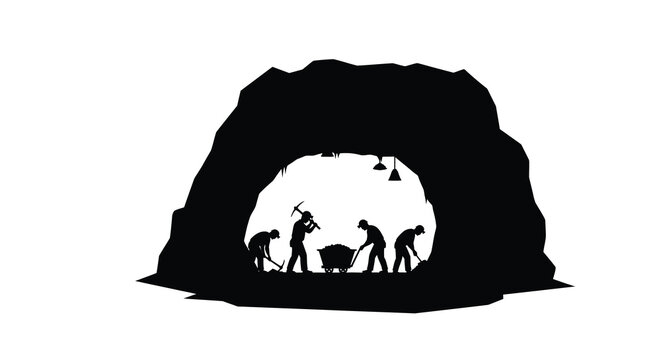 Cave miners working with pickaxes and a wheelbarrow black silhouette mining digging workers labor industry pickaxe tools equipment