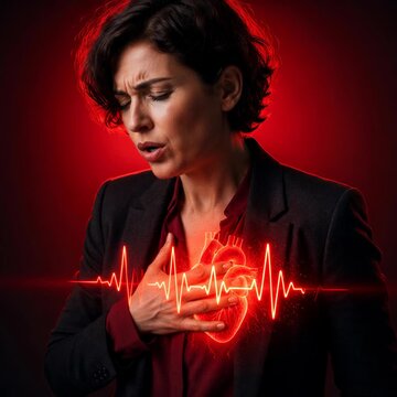 Woman suffering from sudden chest pain. Heart attack or tachycardia health emergency. Medical condition visualization with glowing cardiogram and human heart symbol.